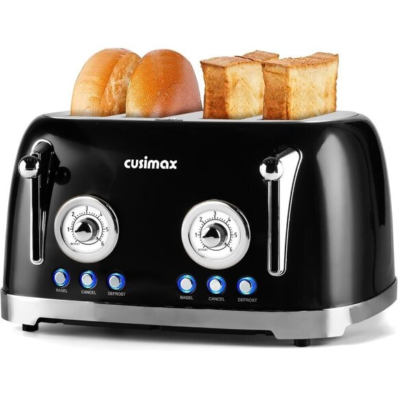 CUSIMAXToasters4SliceBlack Retro Toaster with Wide Slots for Bagels  Retro6Toast - Picture 2 of 6
